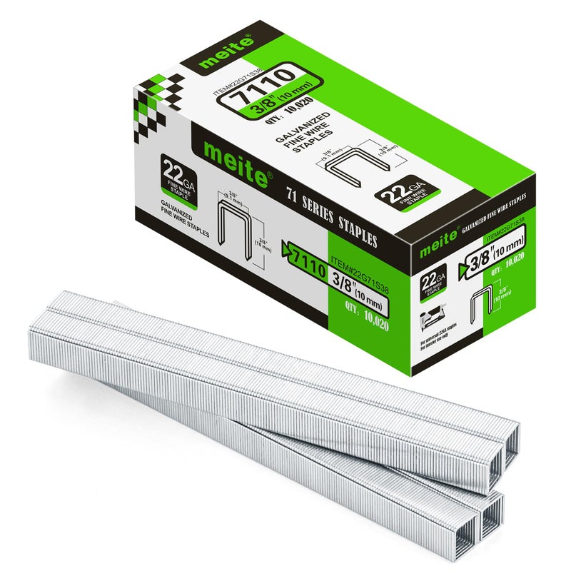 meite 22 Gauge 71 Series 3/8" Crown Wide 3/8" Leg Length Galvanized Staples for Upholstery Stapler 10,020 PCS/Box (1 Box) - Image 1